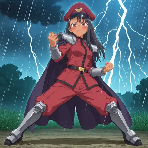 Masterpiece, better quality, very aesthetic, 1girl, Alone,  anime screenshot, anime coloring, 
nagatoro hayase, brown eyes, mujer standingl oscura, tan, black hair, Forklifts, clip para la oreja, hair ornament, long hair, colmillo standingl, 
peaked cap, j...