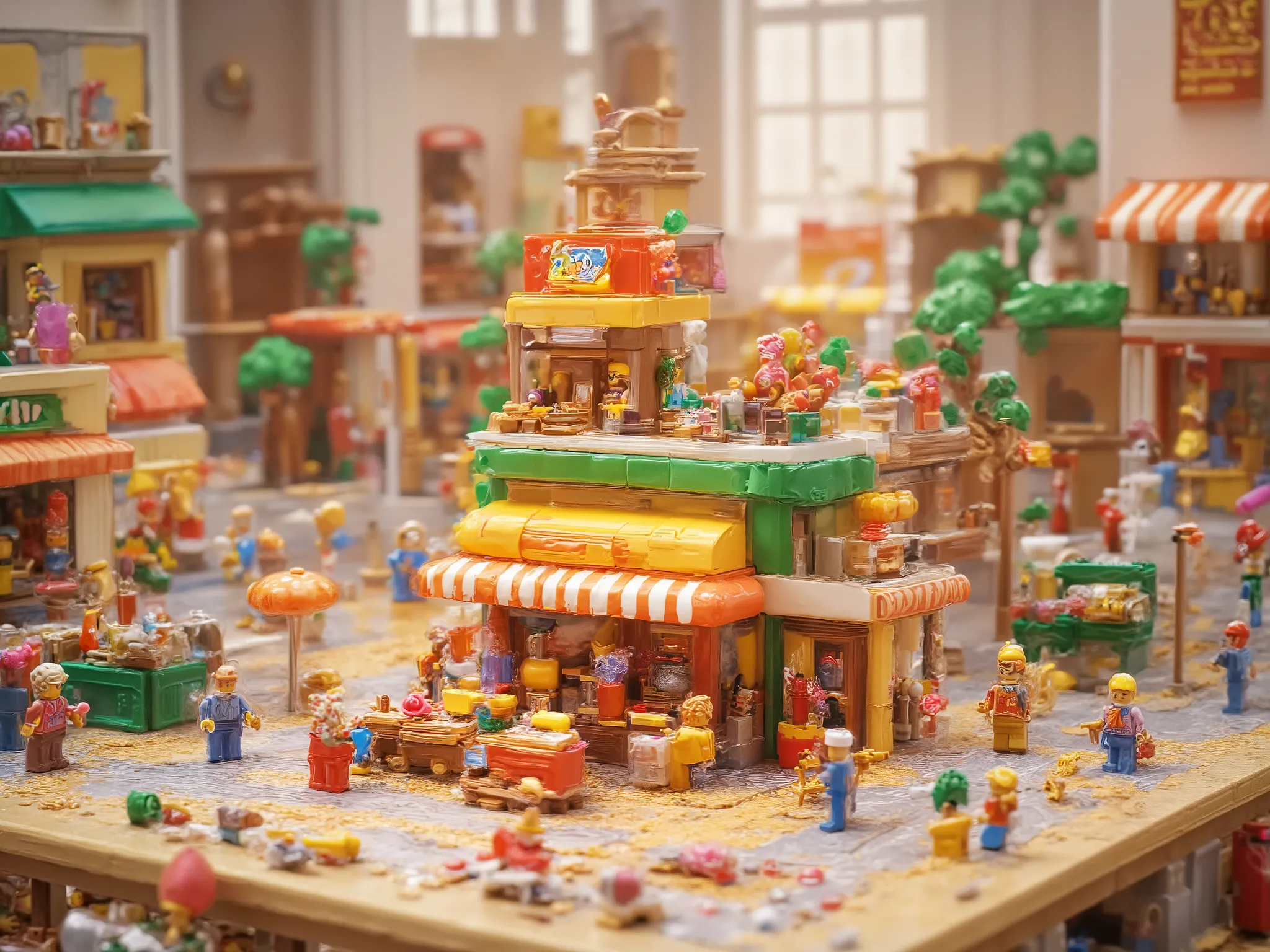 Miniature 3D candyshop made of lego, on a big table in a 's room,