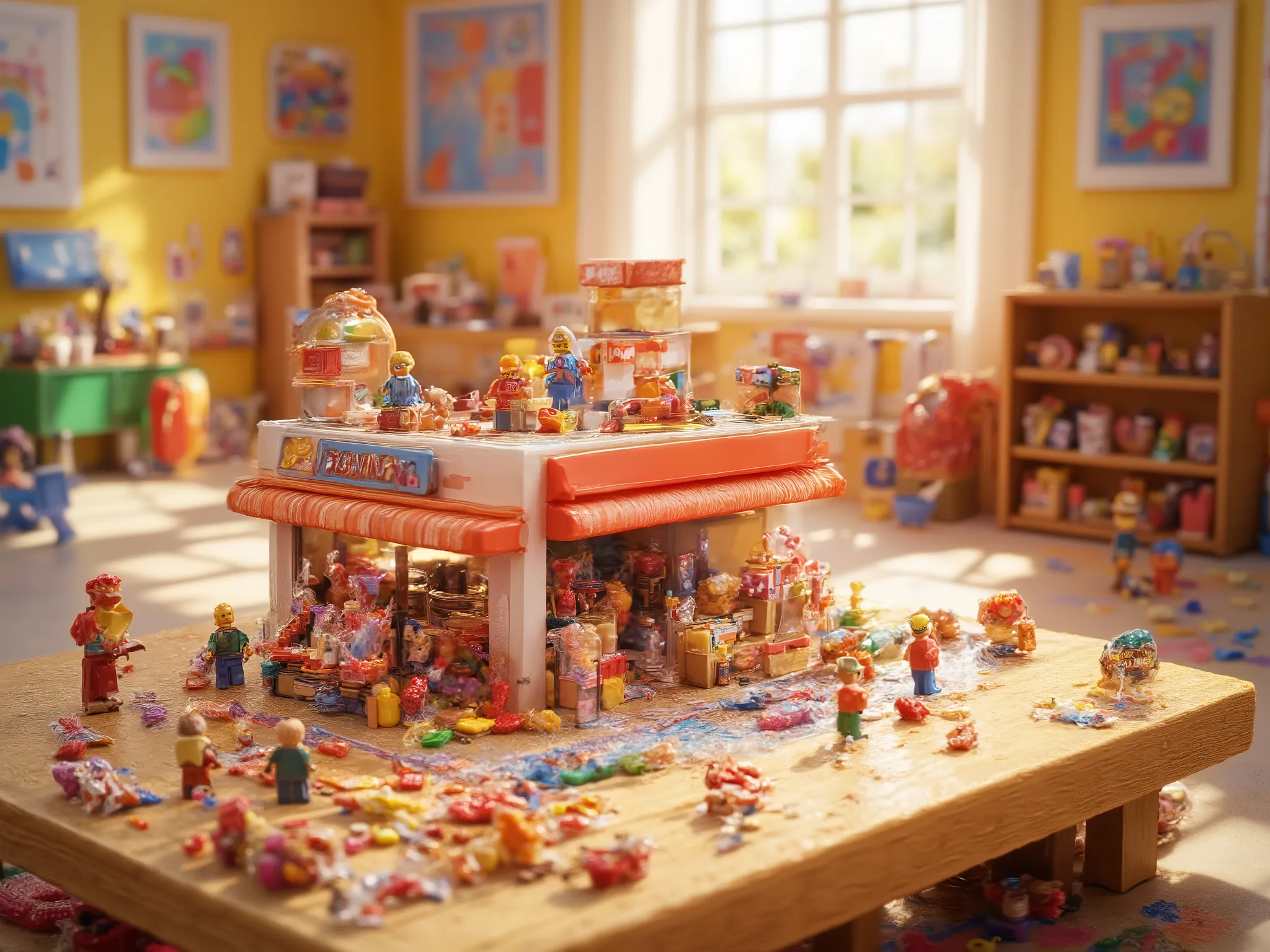 Miniature 3D candy shop made entirely of colorful LEGO bricks, with tiny candy displays and playful signage, placed on a large wooden table in a cozy, brightly lit ’s room. Background includes toys, crayons, and a window with sunlight streaming in. Hyper-d...