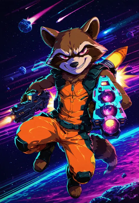 best quality, amazing quality, solo, (Rocket Raccoon, male, orange mechsuit, jetpack), (smirk, aiming futuristic assault gun, flying), (vaporwave style, space, asteroid field, spaceship in the background, vibrant space colors), (detailed eyes, extremely de...