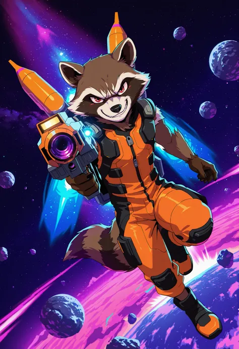 best quality, amazing quality, solo, (Rocket Raccoon, male, orange mechsuit, jetpack), (smirk, aiming futuristic assault gun, flying), (vaporwave style, space, asteroid field, spaceship in the background, vibrant space colors), (detailed eyes, extremely de...