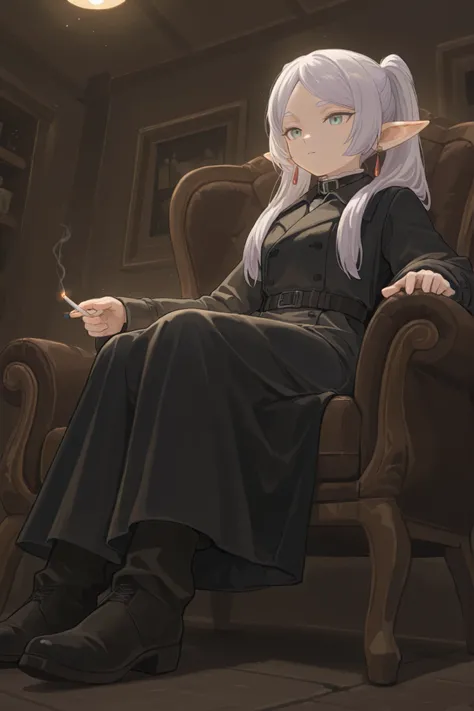 SimplePositiveXLv3, Frieren sitting in an armchair smoking cigarettes in a chic place from the medieval era, black_Trench _coat, from bottom to top, perspective, Cinematic angle, suspense lighting, medieval aesthetics