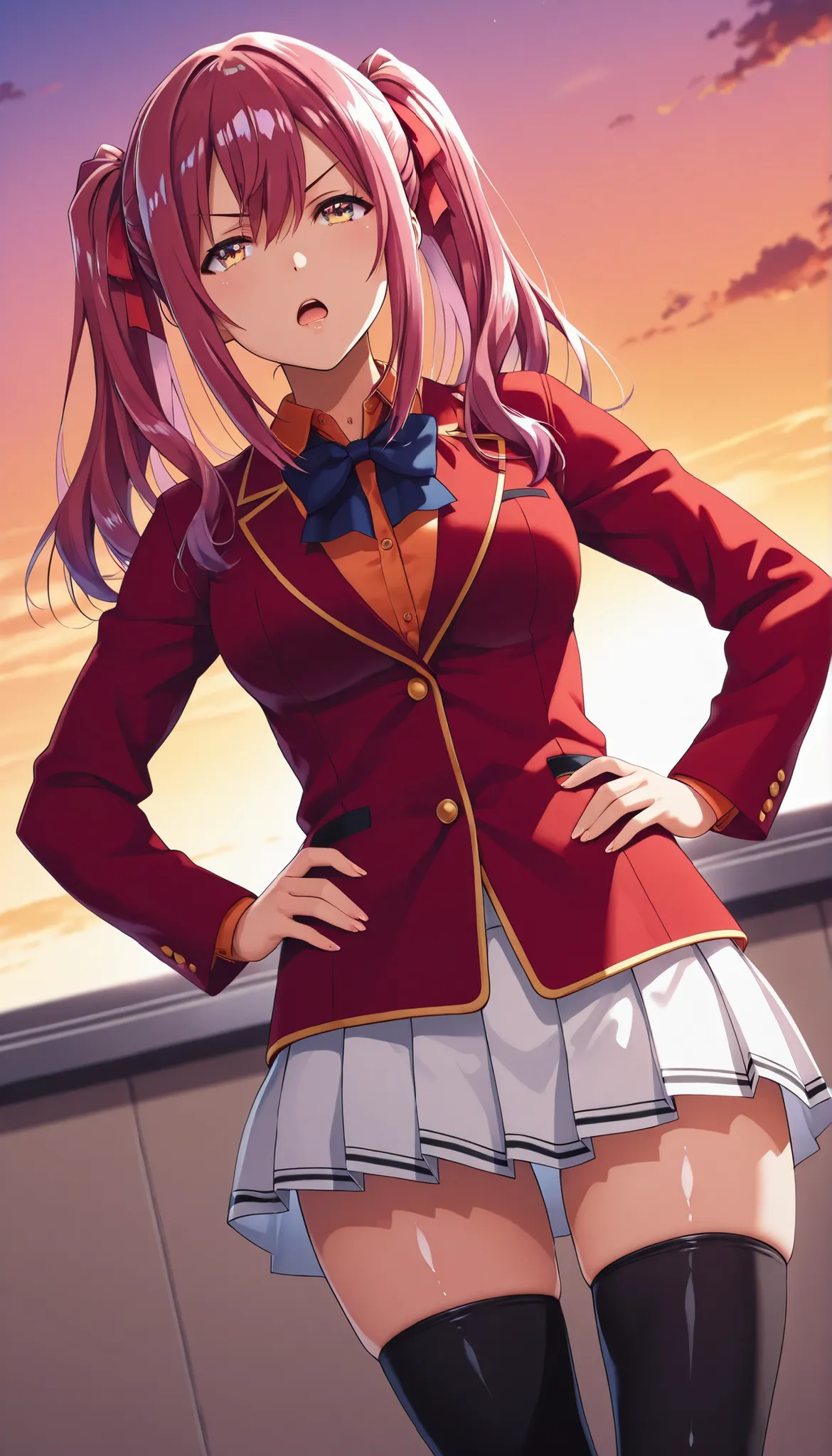 amasawa ichika , ribbon , twintails , long hair , hair ribbon , yellow eyes , purple hair , red hair , white skirt , school uniform , pleated skirt , blazer , red jacket , orange shirt , black legwear , thighhighs , blue bowtie , anime screencap , shiny sk...