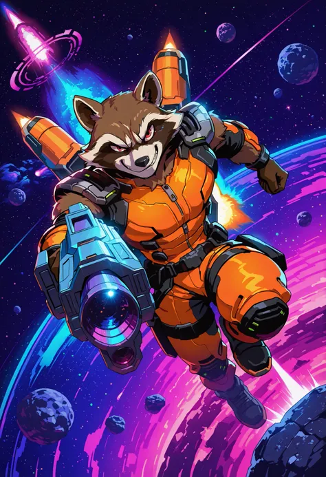 masterpiece, best quality, amazing quality, solo, (Rocket Raccoon, orange mechsuit, jetpack), (huge pecs), (smirk, aiming futuristic assault gun, flying), (vaporwave style, space, asteroid field, spaceship in the background, vibrant space colors), (detaile...