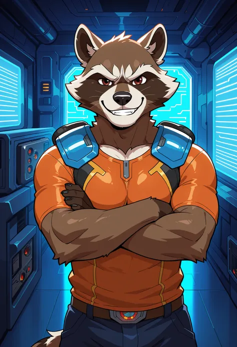 masterpiece, best quality, amazing quality, 1boy, solo, male, perfect eyes, Rocket Raccoon, male uncle muscular, bara, broad shoulder, orange top, indoors, sci-fi, smile, standing, arms crossed