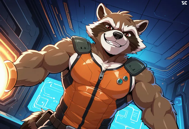 masterpiece, best quality, amazing quality, 1boy, solo, male, perfect eyes, Rocket Raccoon, muscular, bara, broad shoulder, big pecs, orange top, indoors, sci-fi, smile, dynamic pose, dynamic angle