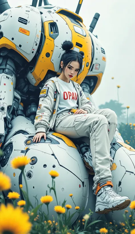 A stunningly beautiful Korean woman with her hair neatly tied in an elegant updo bun, wearing a trendy collage-style jacket paired with a white T-shirt that reads "OPAY" and loose, multi-pocket Harajuku-style cargo pants. She is in a close-up shot, sitting...