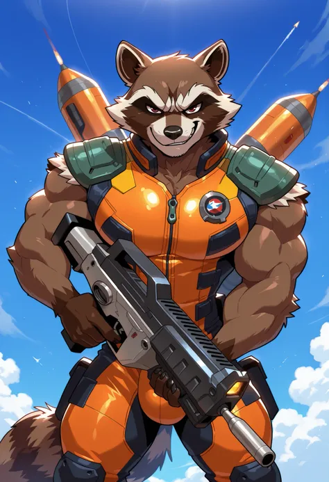 masterpiece, best quality, amazing quality, solo, bara, muscular, (Rocket Raccoon, orange mechsuit, jetpack), (huge pecs), (smirk, aiming futuristic assault gun), (detailed eyes, extremely detailed, masterpiece, high quality), standing