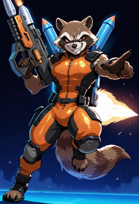 masterpiece, best quality, amazing quality, solo, (Rocket Raccoon, orange mechsuit, jetpack), (huge pecs), (smirk, aiming futuristic assault gun), (detailed eyes, extremely detailed, masterpiece, high quality), full body
