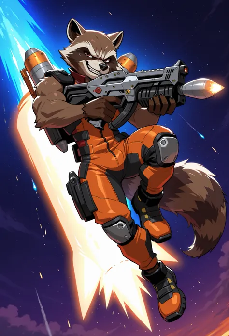 best quality, amazing quality, solo, muscular, (Rocket Raccoon, orange mechsuit, jetpack), topless, (smirk, aiming futuristic assault gun), (detailed eyes, extremely detailed, masterpiece, high quality), full body