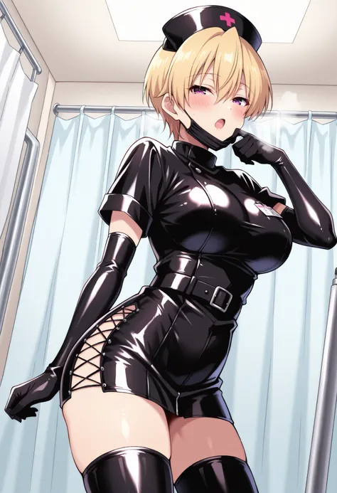 Score_9, score_8_up, score_7_up, source_anime, Haruki Azuma, solo, short hair, blonde hair, shiny hair, hair between eyes, bangs, purple eyes, large breasts, enamel leather dark nurse, latex dress, black latex elbow gloves, black latex legwear, latex, late...