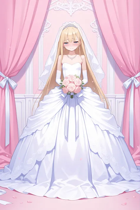 a girl, NSFW, skinny, (petite:1.1), blonde hair, very long hair, straight hair, skinny, wedding dress, very long skirt, spread skirt, very long bridal veil, white elbow gloves, wedding bouquet, earrings, necklace, half closed eyes, sad,  embarrassed, teari...