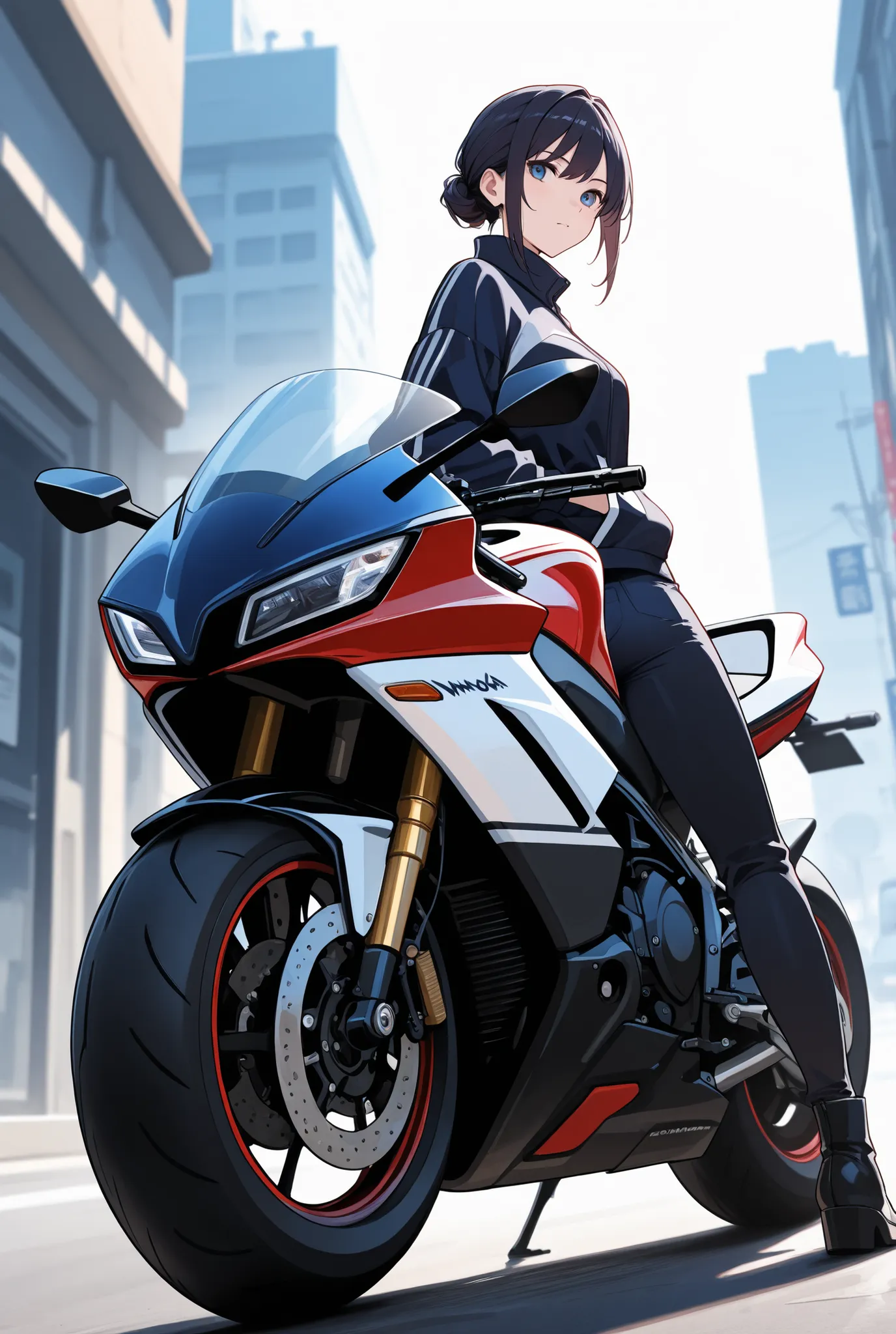 cool woman leaning next to motorcycle