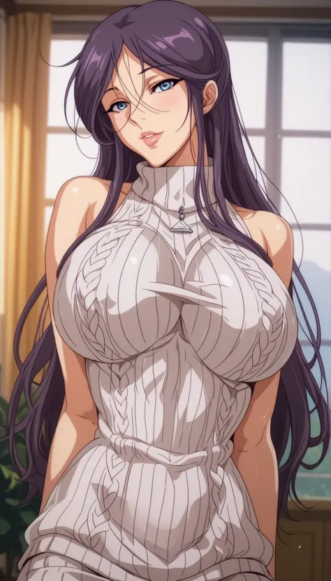 Mature Woman、reika shichijou, long hair, blue eyes, large breasts, purple hair, Tight waist、Small waist、 Glowing Skin、virgin destroyer sweater,  Beauty, eight-headed body、full body portrait, full body, complete body, portrait 