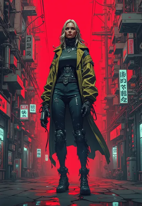 cyberpunk metal gear , ghost in the shell, scarlett johanson in epic shot, , japan style, high detail, graphitte background, red aura, moody