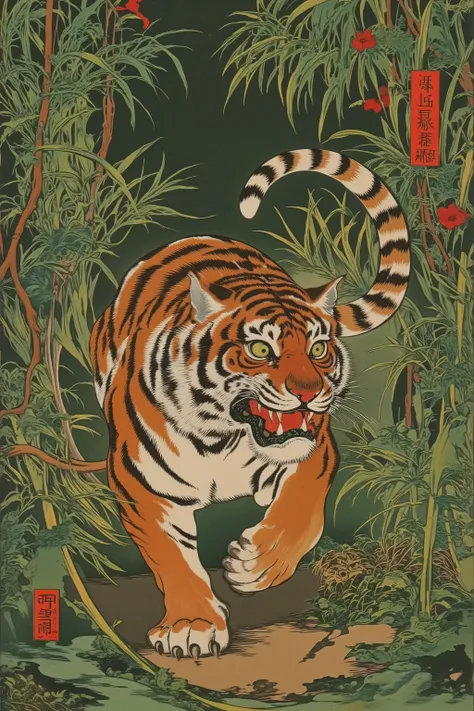 tiger,Bamboo Grove,colorful,vivid color,detailed,ito jakuchu,nihonga,Scary Ukiyo-e