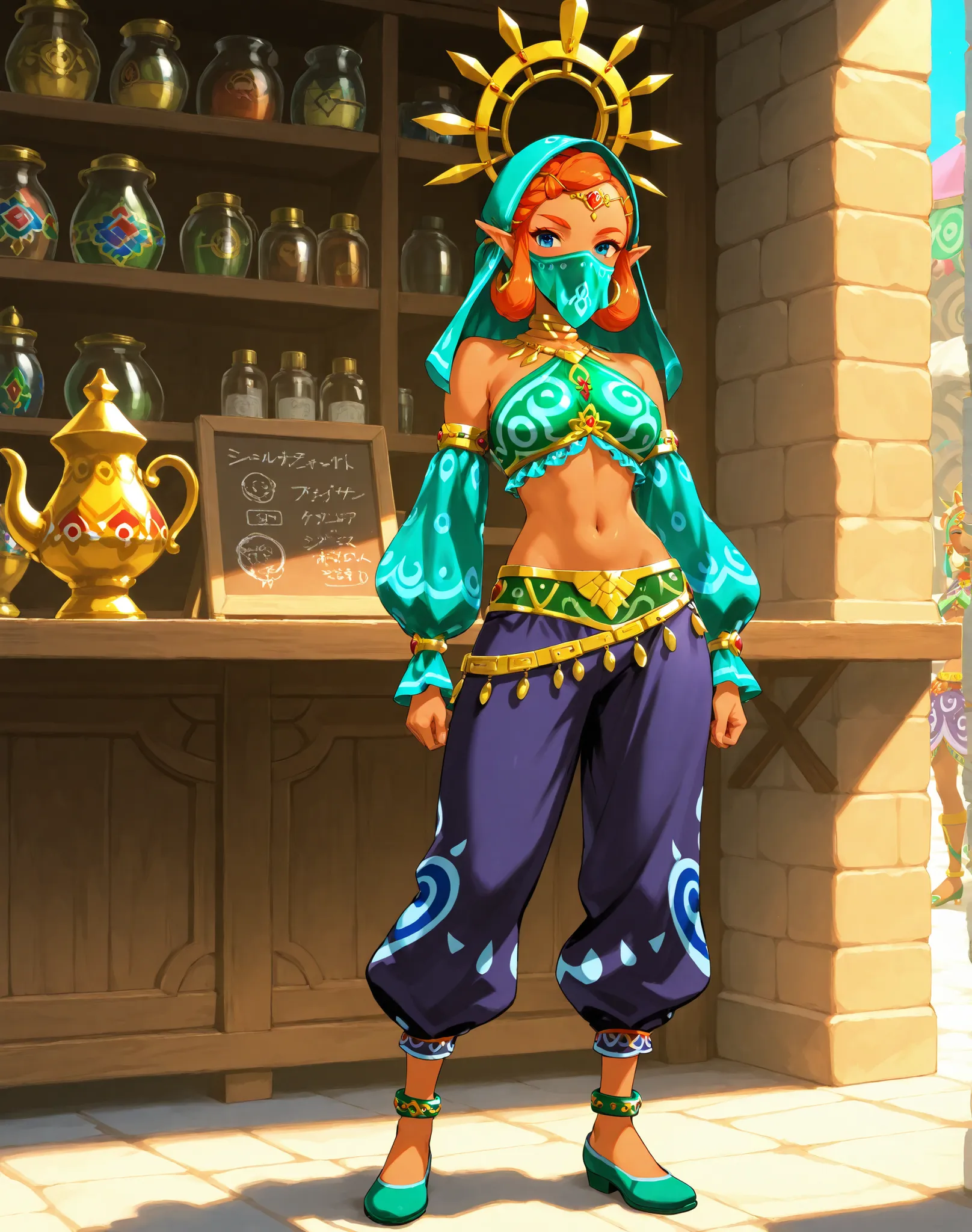 score_9, score_8_up, score_7_up, solo, masterpiece, 1girl, gerudo woman race, pose standing , tan, full body, medium size breasts ,atlhetic body, nice clothes, gerudo Market, joias de diamante e roupas em manequins, display pedras preciosas, placa gerudo M...