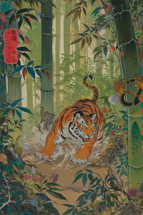tiger,Bamboo Grove,colorful,vivid color,detailed,ito jakuchu,nihonga,Scary Ukiyo-e