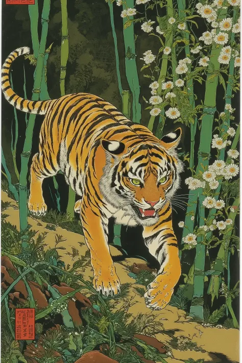 tiger,Bamboo Grove,colorful,vivid color,detailed,ito jakuchu,nihonga,Scary Ukiyo-e