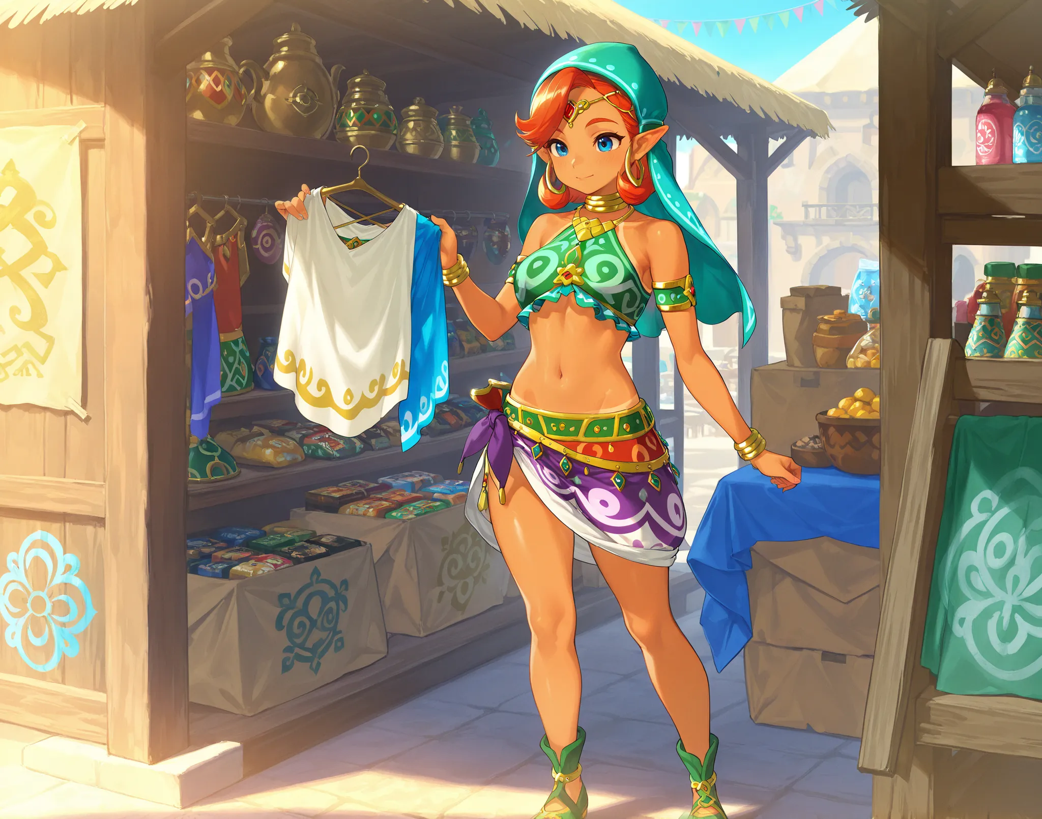 score_9, score_8_up, score_7_up, solo, masterpiece, 1girl, gerudo woman race, selling items standing, tan, full body, medium size breasts ,atlhetic body, nice clothes, gerudo Market, joias de diamante e roupas em manequins, display pedras preciosas, placa ...