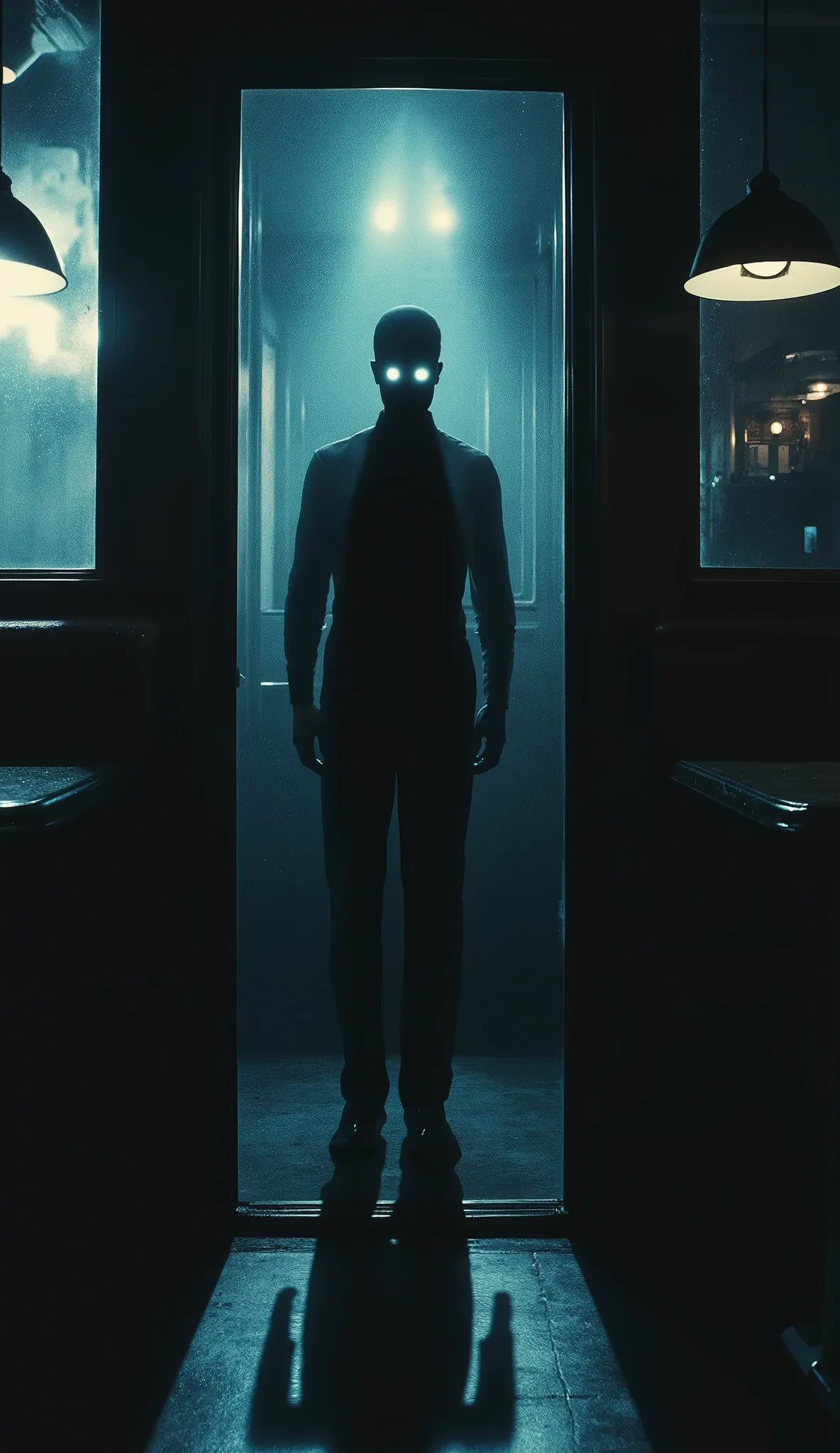 Close hyper-realistic a shadow, silhueta masculina, From two glowing eyes, whitish , perfectly symmetrical, floating in the dark behind the half-open door of the diner.
