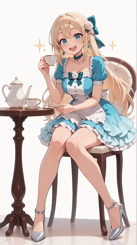 (masterpiece, best quality), amazing quality, very aesthetic, newest, hyper-detailed, solo, full body, 1girl, :d, looking at viewer, blue eyes, (very long hair), blonde hair, bowtie, hair bow, (frilled dress), gradient dress, frills, puffy short sleeve, collarbone, hair ornament, jewelry, silver high heels, sitting, white chair, holding teacup, white round table, teapot, white rose, white background, sparkle, absurdes