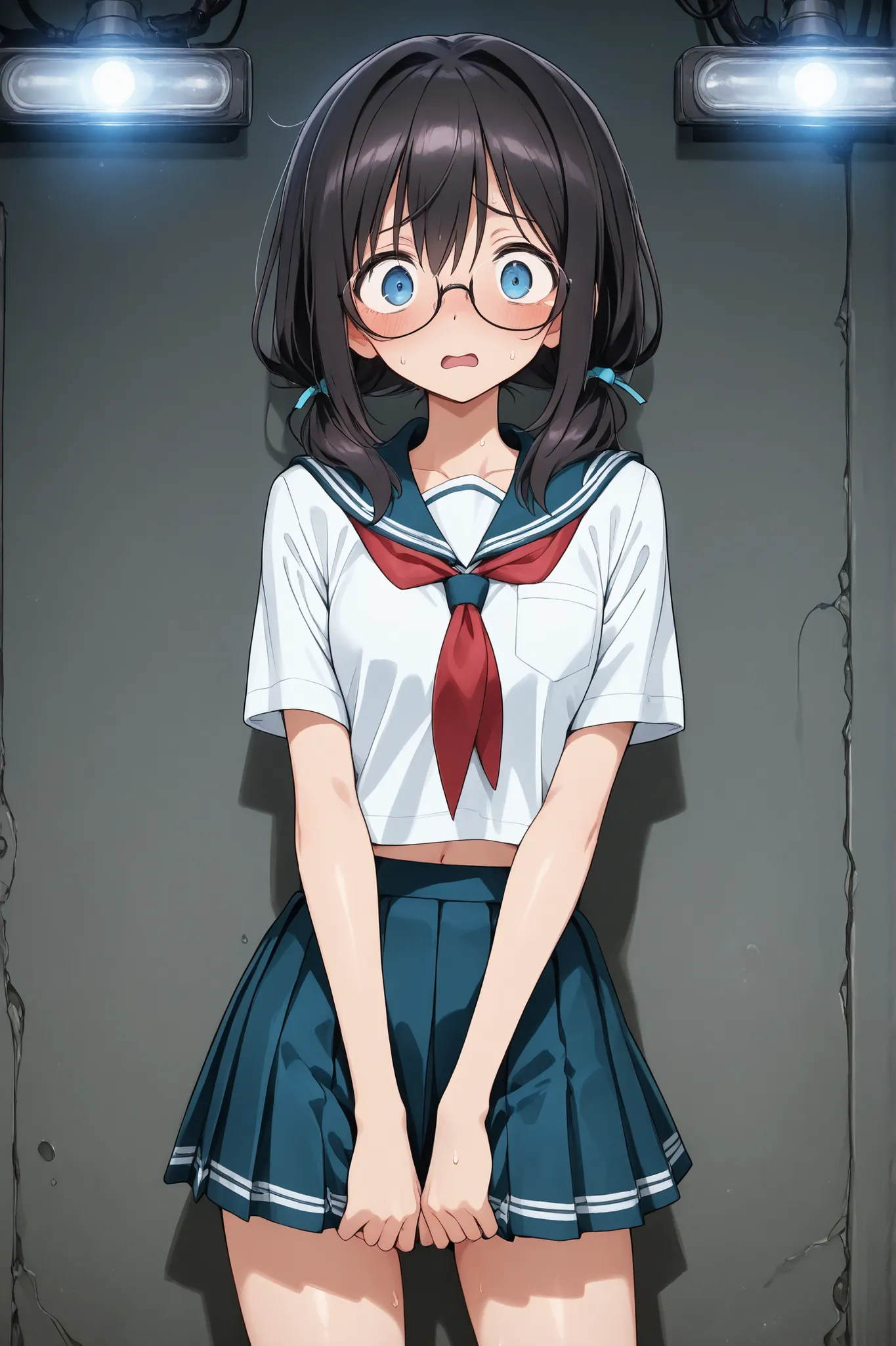 blue eyes、frightened expression、(dark haired、glasses) 、((school uniform、Handy lights、 juvenile system))、Anime Style、High Definition、high quality、1girl、Sexy、NSFW、Dark Core、cowboy shot