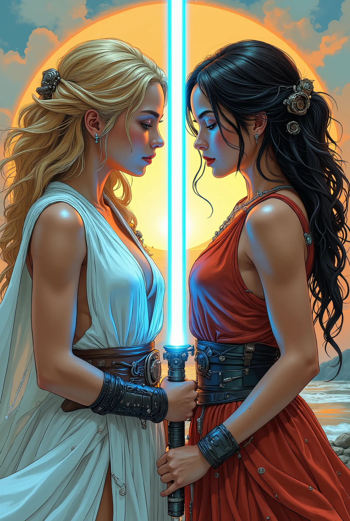 Score_9, score_8_up, score_7_up, ((highest quality)), ((masterpiece)), Perfect Anatomy, Perfect Face, (High definition), (Best Shadow), 8k, cinematic. Luis Royo's style, comics sexy art. Two women, facing each other in fighting pose((two distinct character...