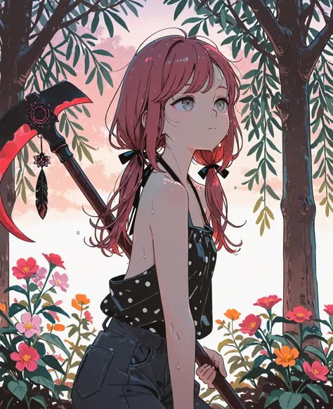(masterpiece:1.2, Best Quality), (finely detailed beautiful eye: 1.2), (beautiful detailed face), sweat, close up, expressionless, backless sleeveless halter neck shirt, black shirt, polka dot shirt, baggy shirt, black jeans, hair ribbons, black ribbons, p...