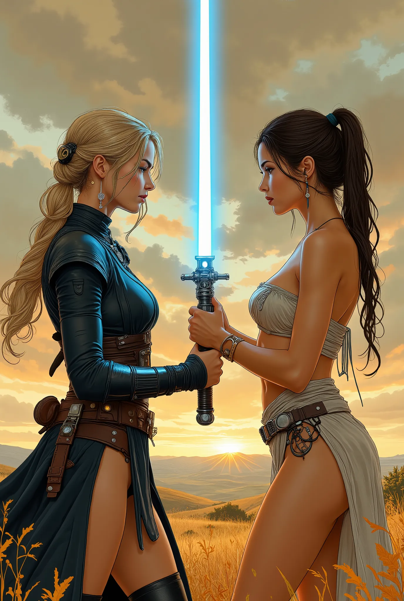 Score_9, score_8_up, score_7_up, ((highest quality)), ((masterpiece)), Perfect Anatomy, Perfect Face, (High definition), (Best Shadow), 8k, cinematic. Luis Royo's style, comics sexy art. Two women, facing each other in fighting pose((two distinct character...