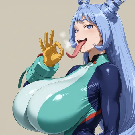 (score_9, score_8_up, score_7_up, source_anime), solo, from side, simple background, looking at viewer, gigantic breasts, long tongue, fellatio gesture, sweat,  seductive smile, come hither, naughty face, tsurime, drooling, heavy breathing, (1girl:1.3), (c...
