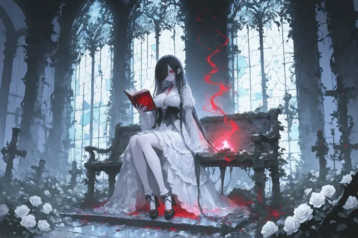  semi-transparent bodies,  wearing victorian gothic dresses, sitting on a cracked stone bench, holding an old book , melancholic expressions, abandoned garden inside a ruined gothic castle, overgrown vines, shattered stone pillars, broken stained glass, fu...