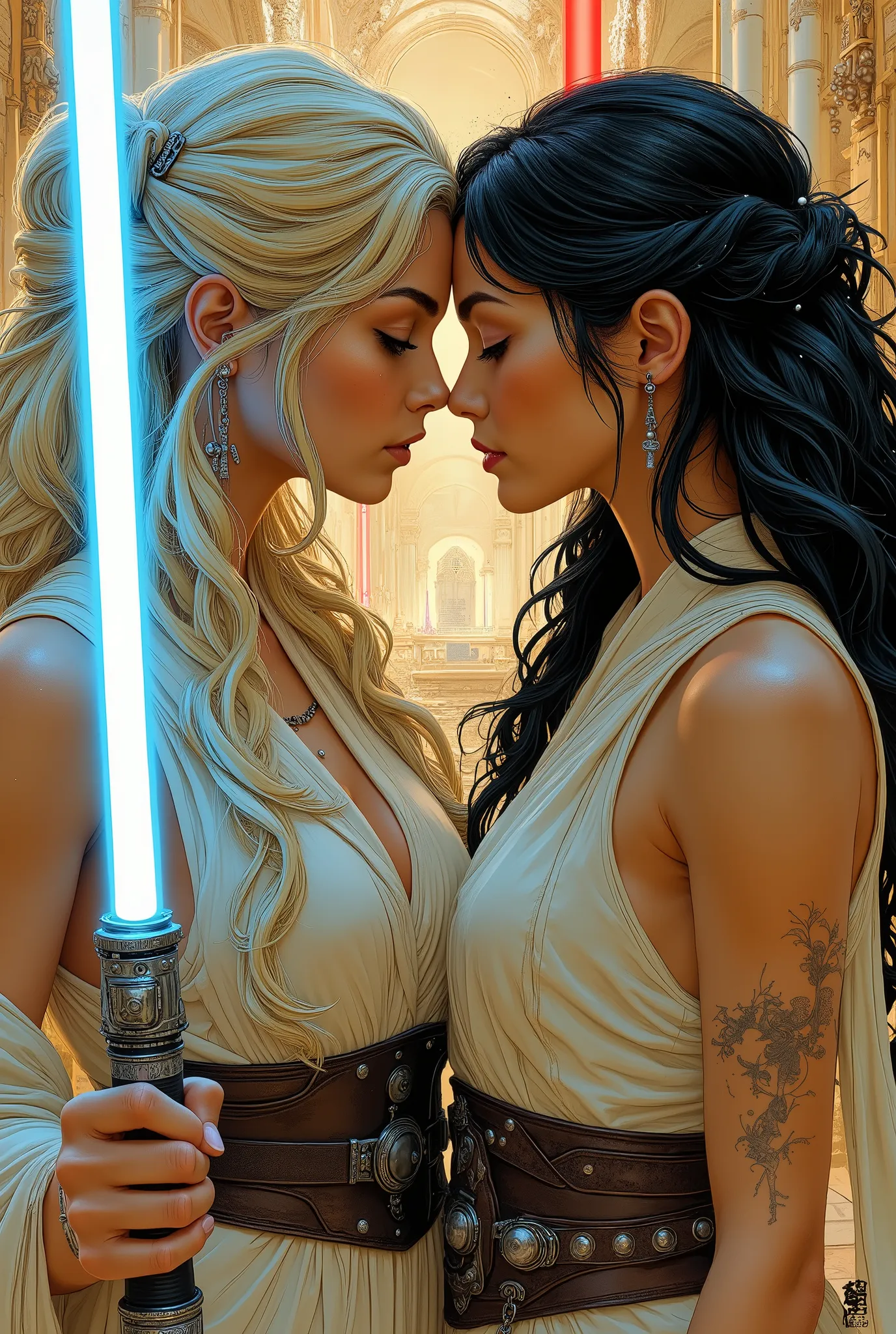 Score_9, score_8_up, score_7_up, ((highest quality)), ((masterpiece)), Perfect Anatomy, Perfect Face, (High definition), (Best Shadow), 8k, cinematic. Luis Royo's style, comics sexy art. Two women, facing each other((two distinct characters:1.3)), wearing ...