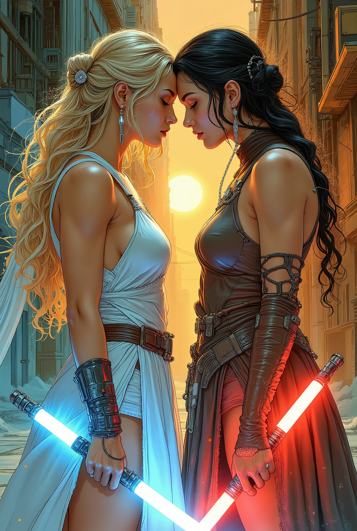 Score_9, score_8_up, score_7_up, ((highest quality)), ((masterpiece)), Perfect Anatomy, Perfect Face, (High definition), (Best Shadow), 8k, cinematic. Luis Royo's style, comics sexy art. Two women, facing each other((two distinct characters:1.3)), wearing ...