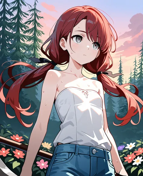(masterpiece:1.2, Best Quality), (finely detailed beautiful eye: 1.2), (beautiful detailed face), sweat, close up, expressionless, hair ribbons, strapless sleeveless shirt, white shirt, blue jeans,, small breast, dark red hair, long low twin tails, long ha...