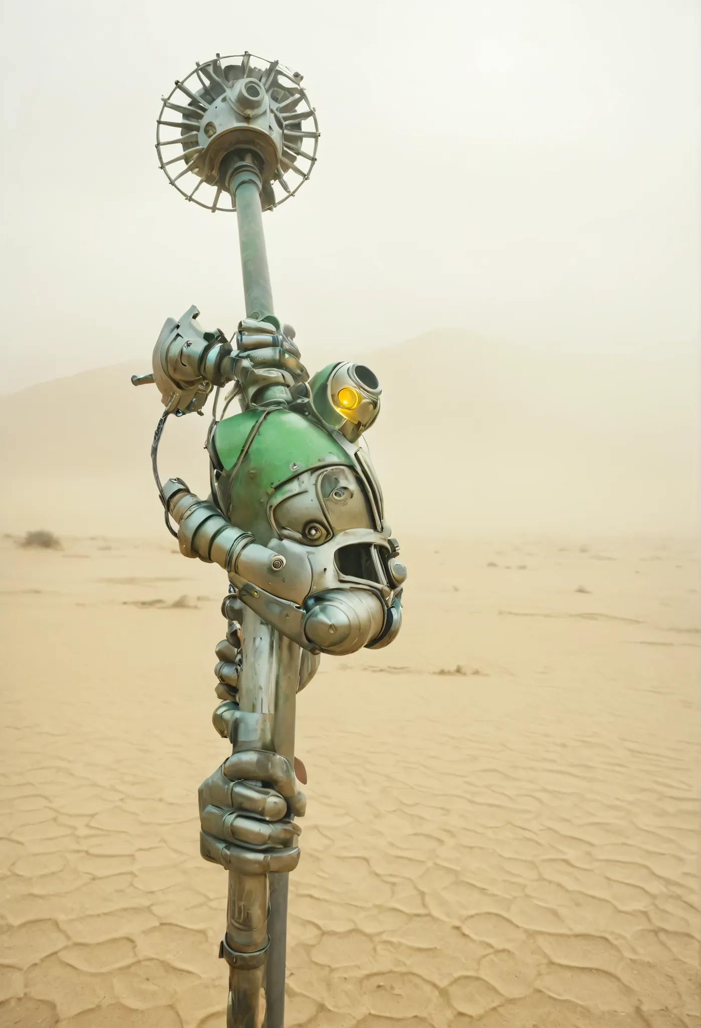 35 mm film photograph, High-fidelity photograph showing a powerful, naked female cyborg with a chiseled body, athletic build and large breasts, holding a metal rod, standing in a desert environment during a sandstorm , Captured with a Nikon D800 and 85 mm...