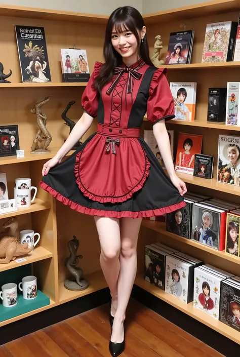 Create a realistic portrait of a beautiful Japanese female idol standing in a corner of the National Museum of Nature and Science gift shop. She has a slender body, small bust, and thin legs, dressed in a red and black gothic-style maid outfit with a small...