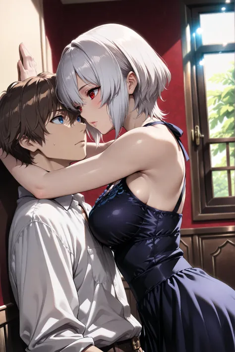 surrealism, High detail, (higres), ultra quality, Cinematic lighting, Ray tracing, Eye level shots, hyper HD, Masterpiece, 4K, Best quality, 1 boy and 1 girl, ((1 boy has blue eyes, brown hair, wearing white shirt and purple syal, no expression)), ((1 girl...