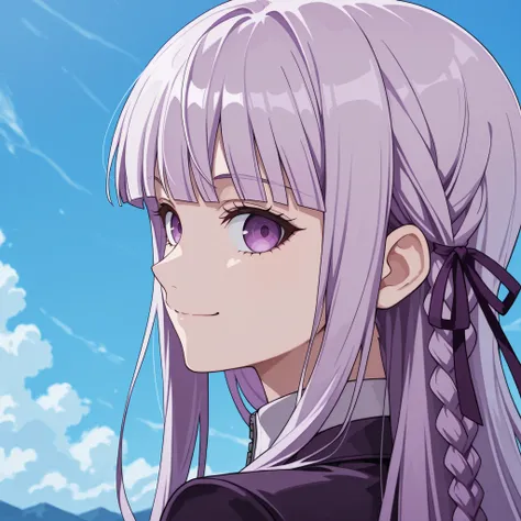 (score_9, score_8_up, score_7_up, source_anime), solo, profile picture, looking at viewer, 1girl, blue sky, smile, break kyouko kirigiri, long hair, bangs, ribbon, purple eyes, black hair ribbon, purple hair, braid, single braid, side braid,