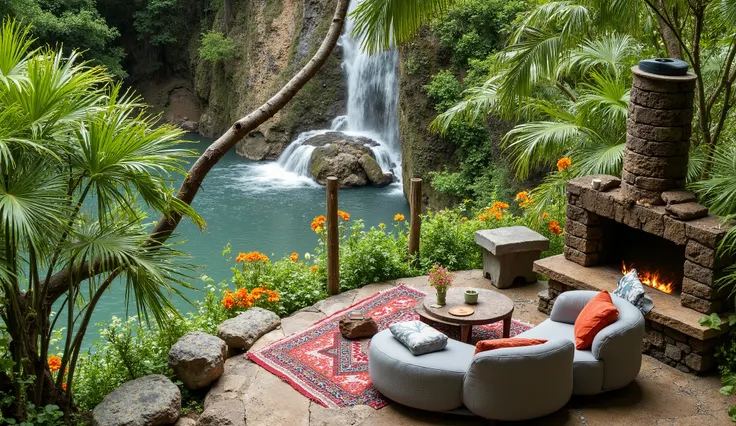 A photo-realistic shoot of a cozy natural stone porch on a cliff with a luxurious natural stone floor overlooking a stream in a lush green forest. On the floor, there are two sofas with gray and orange floral cushions, a small rustic wooden table with a cu...