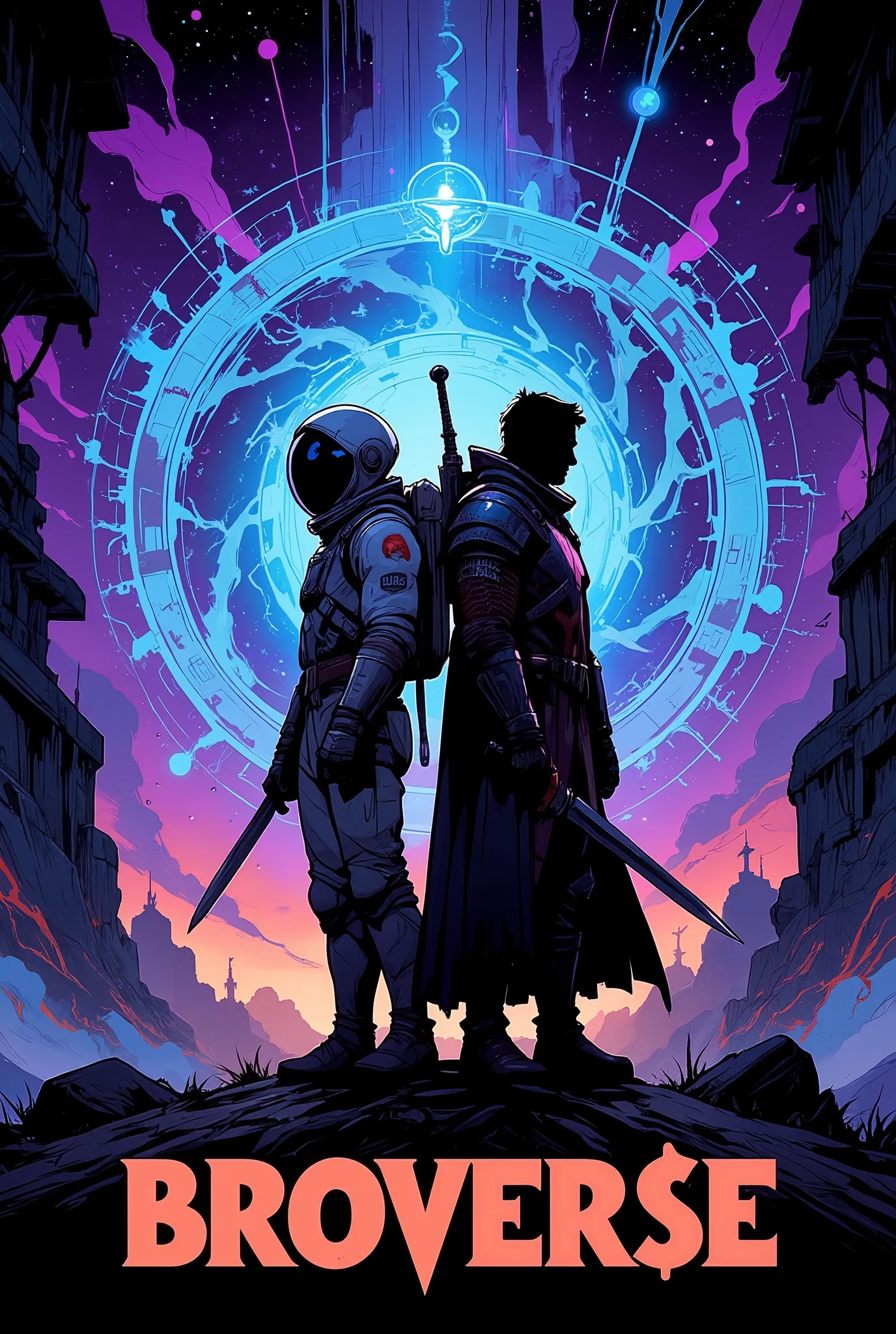 Logo-style circular illustration. Two stylized silhouettes of male figures back-to-back (astronaut + knight), standing in front of a glowing swirling multiverse portal. Surround them with subtle elements of fantasy and sci-fi (dragon tail, spaceship, magic...