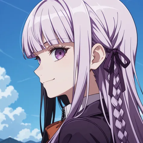 (score_9, score_8_up, score_7_up, source_anime), solo, profile picture, looking at viewer, 1girl, blue sky, smile, break kyouko kirigiri, long hair, bangs, ribbon, purple eyes, black hair ribbon, purple hair, braid, single braid, side braid,