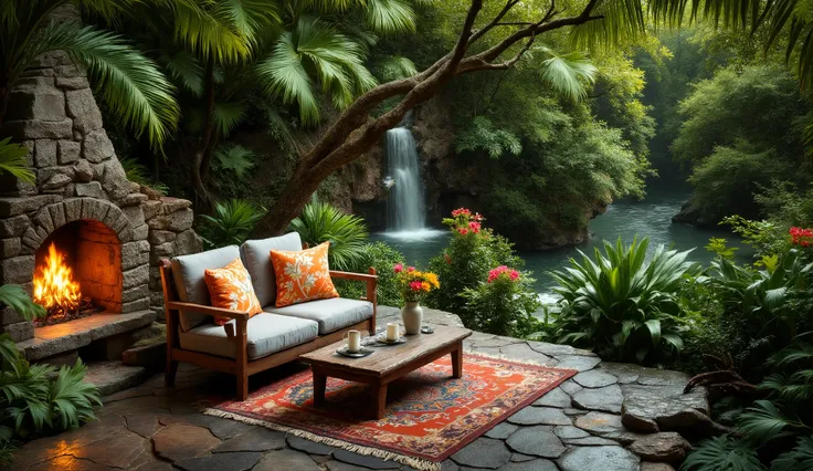 A photo-realistic shoot of a cozy natural stone porch on a cliff with a luxurious natural stone floor overlooking a stream in a lush green forest. On the floor, there are two sofas with gray and orange floral cushions, a small rustic wooden table with a cu...