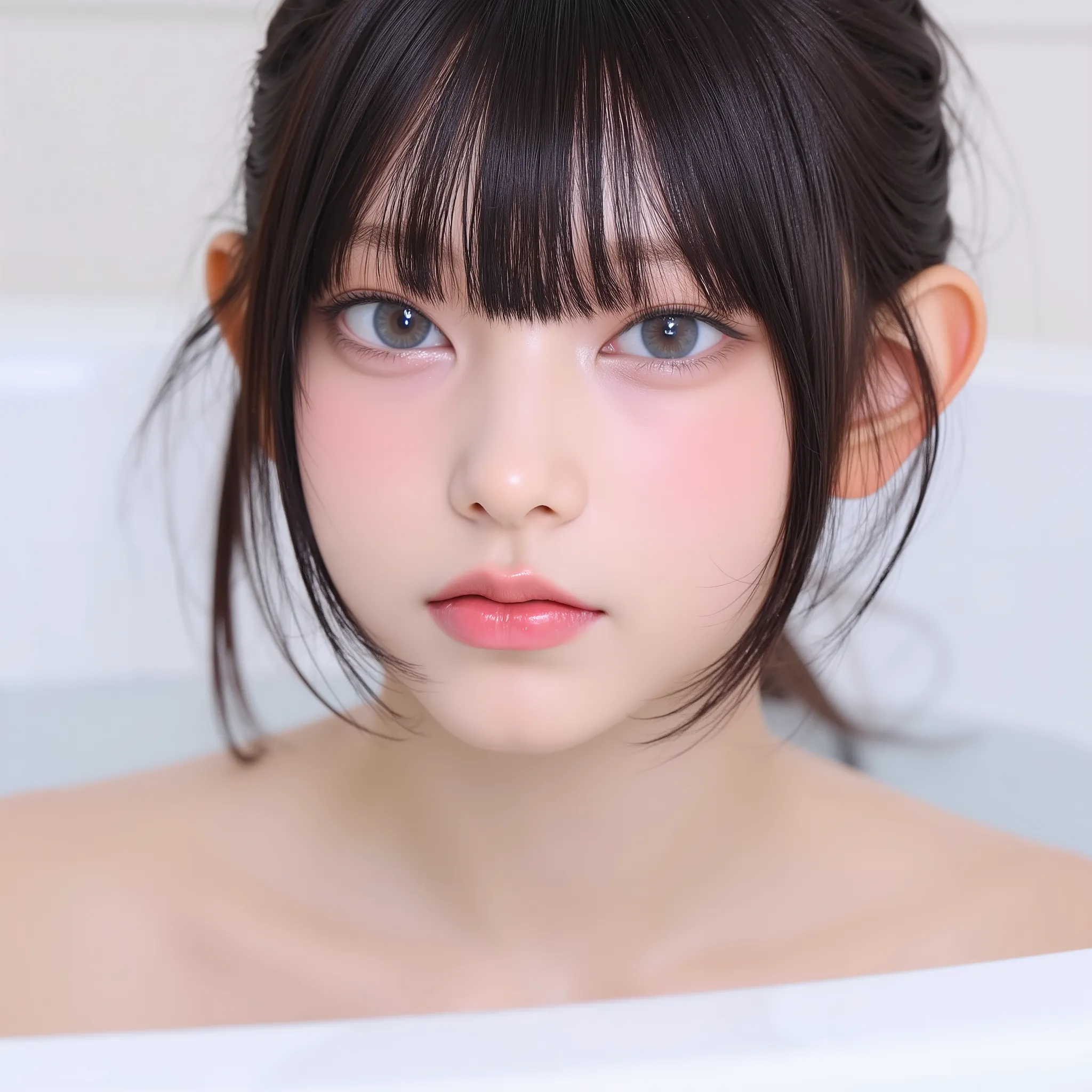 Japanese girl,Japanese,high resolution,best image quality,8k,Exquisite Details,( ),(nude
),staring closely at viewers, Faces are very close、depth of field,bathtub 、dark haired、Bob Hair、Bubble Bath ,( slightly visible in front of the mouth)  beautiful   ) D...