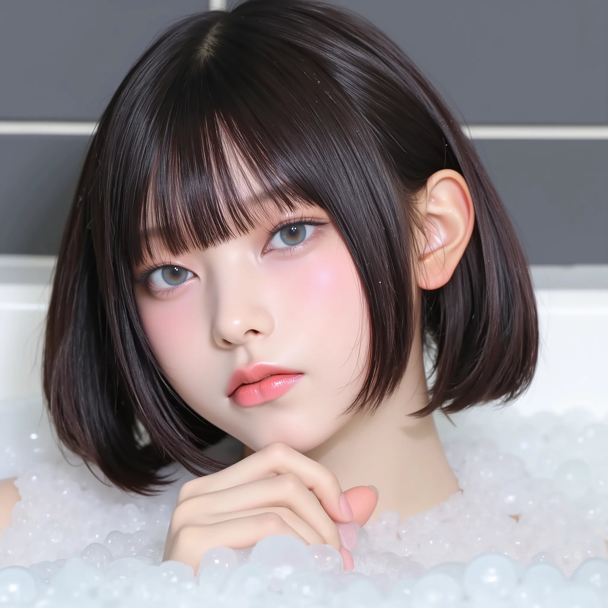 Japanese girl,Japanese,high resolution,best image quality,8k,Exquisite Details,( ),(nude
),staring closely at viewers, Faces are very close、depth of field,bathtub 、dark haired、Bob Hair、Bubble Bath ,( slightly visible in front of the mouth)  beautiful   ) D...