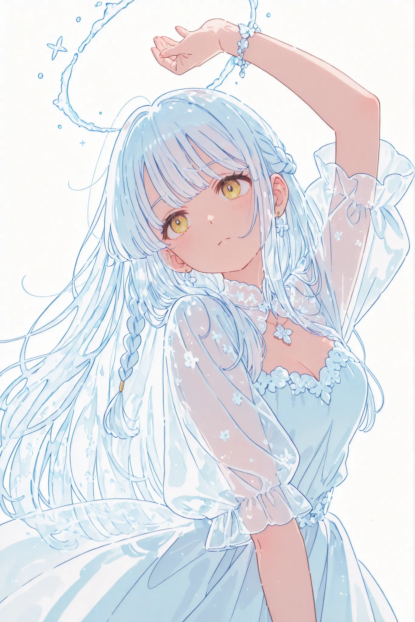 anime girl, grown up, white long hair, single braid, white ornate dress, yellow eyes, dynamic pose, expressive, transparent hair, jewelry, fluffy bangs, one side bangs,