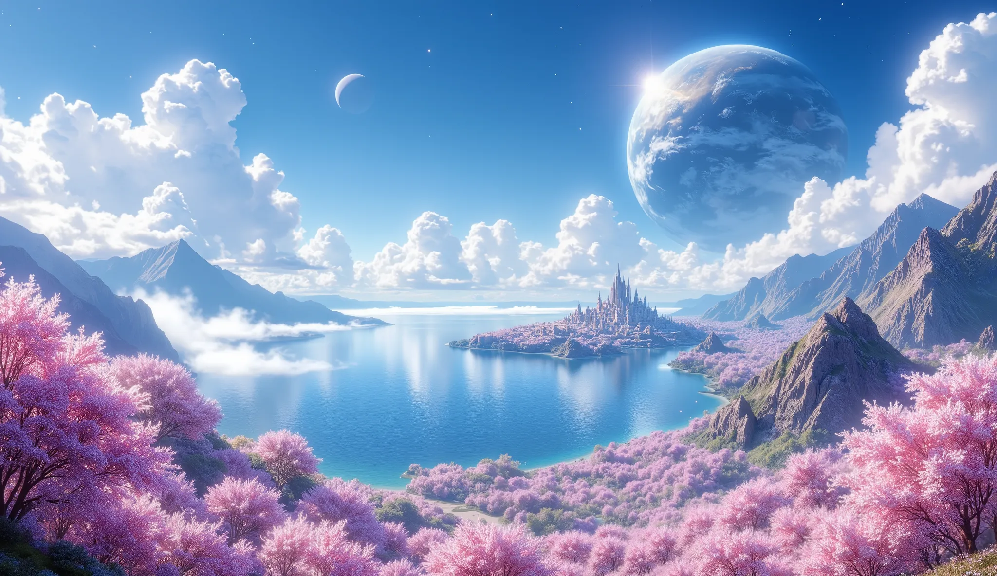 there is an image of a beautiful landscape with a giant planet, impressive fantasy 3D rendering, a heavenly city in the heavens, a large ocean, a large forest of cherry blossoms, a lot of clouds everywhere, a planet in the sky and stars, a very detailed he...