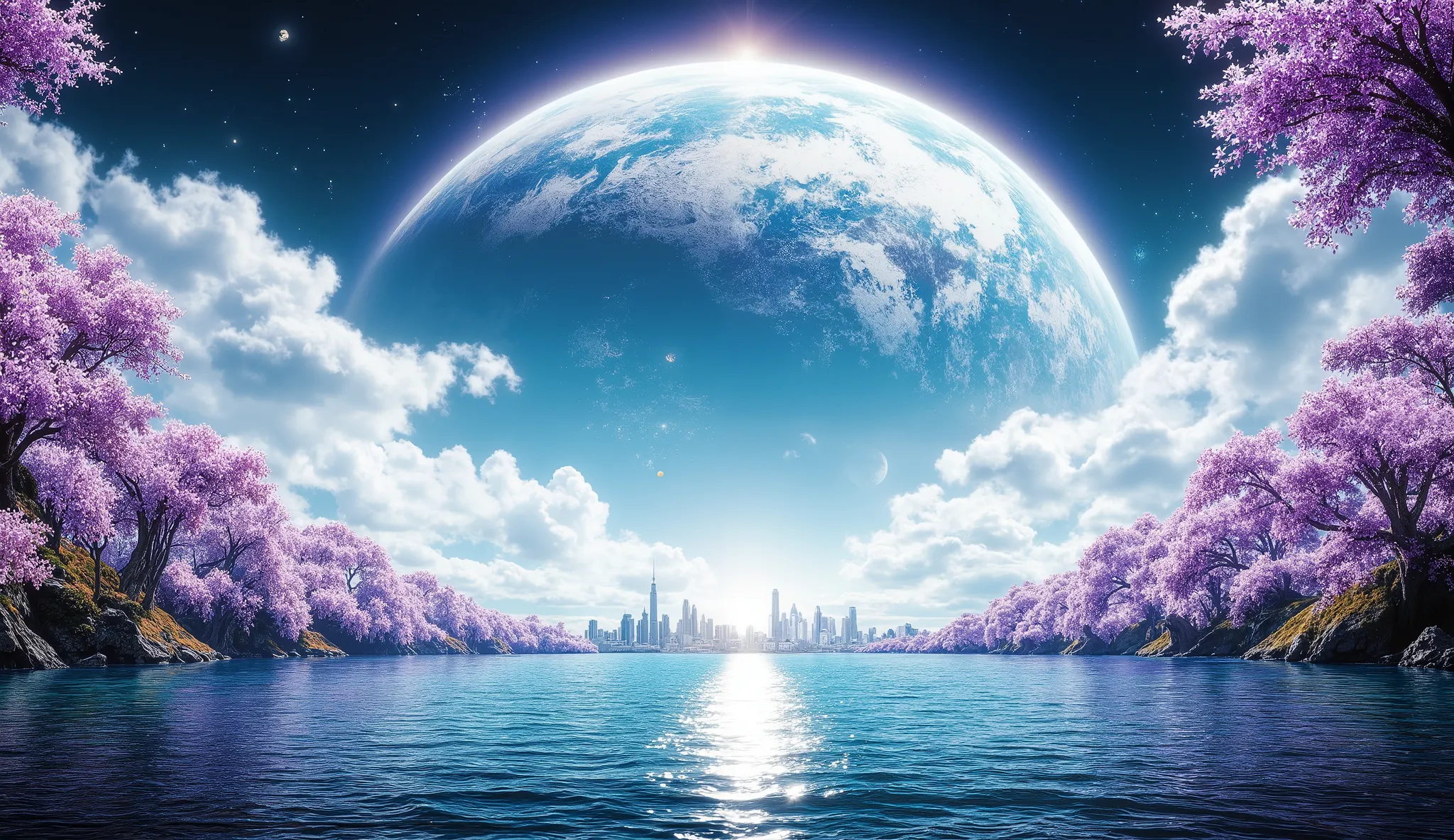 there is an image of a beautiful landscape with a giant planet, impressive fantasy 3D rendering, a heavenly city in the heavens, a large ocean, a large forest of cherry blossoms, a lot of clouds everywhere, a planet in the sky and stars, a very detailed he...