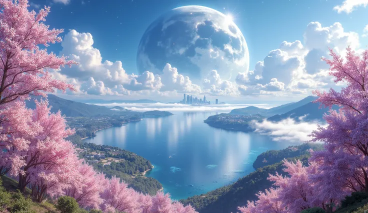 there is an image of a beautiful landscape with a giant planet, impressive fantasy 3D rendering, a heavenly city in the heavens, a large ocean, a large forest of cherry blossoms, a lot of clouds everywhere, a planet in the sky and stars, a very detailed he...
