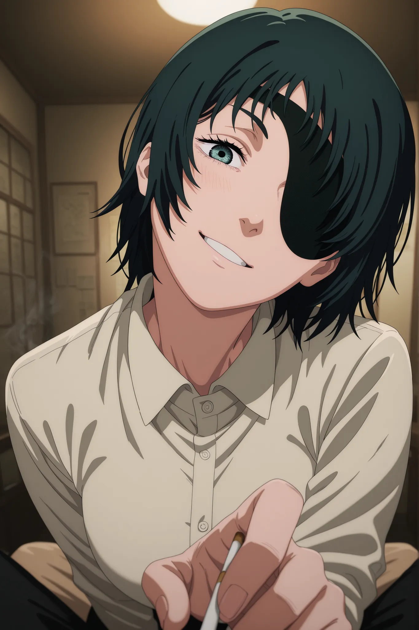 himeno (姫野) (chainsaw man), head tilt, smiling, smoking, assertive woman, looking at viewer, point of view, pov, solo focus